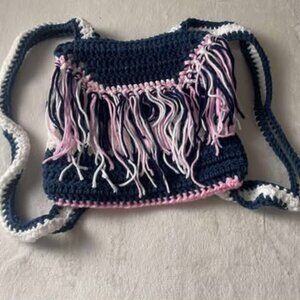 New Handmade Crochet Blue White & Pink Fringe Backpack
